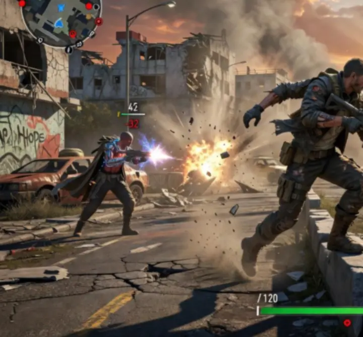 Gameplay-screenshot van FLEXGAMEPRO met teamgevecht rond een centraal controlepunt