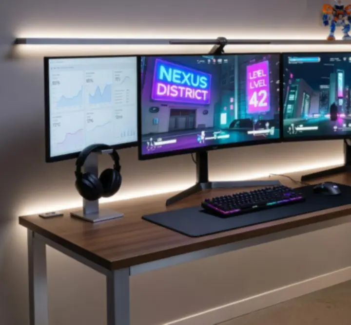 Moderne gaming-werkplek met meerdere schermen en tools voor analyse en contentcreatie